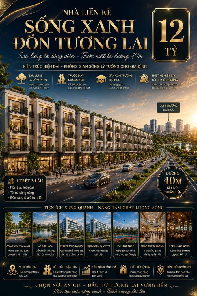 Nhà phố 1 trệt 3 lầu 80m2 mặt tiền đường 40m,trong công viên giá 12 tỷ