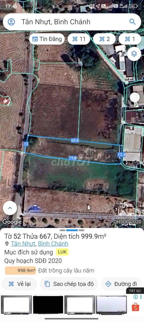 Cần tiền bán mảnh đất vườn Tân Nhựt, 2 mặt tiền, sát nhà dân khu đông