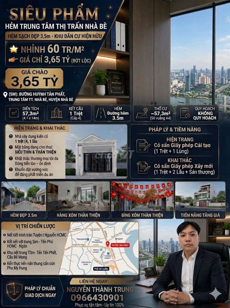 HẺM 2056 HUỲNH TẤN PHÁT BÁN ĐẤT TẶNG NHÀ C4 57M2 CHÀO 3.65 TỶ TL TỐT