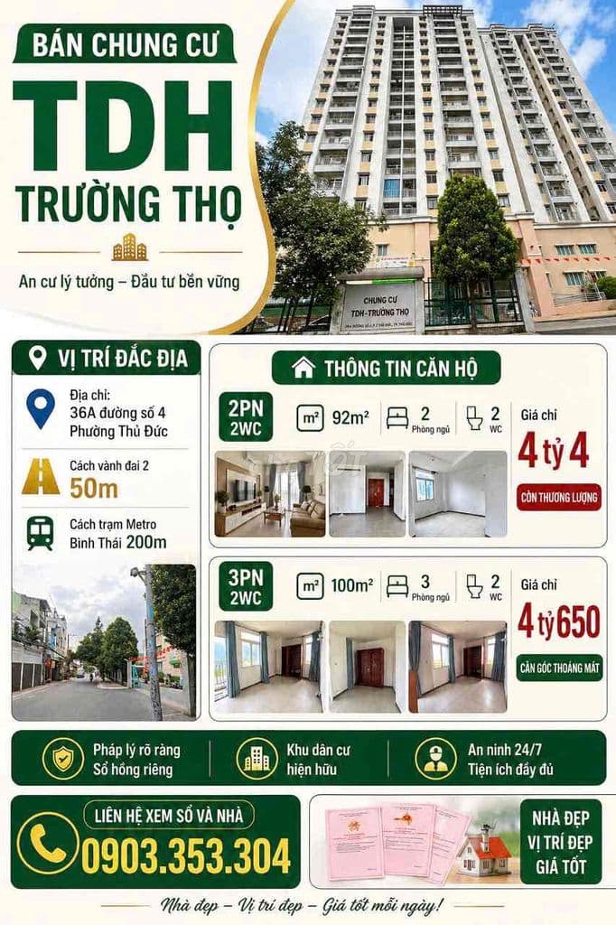 BÁN CĂN GÓC 3PN 2WC 100m2 cc TDH Trường Thọ, có Sổ, Giá 4tỷ650