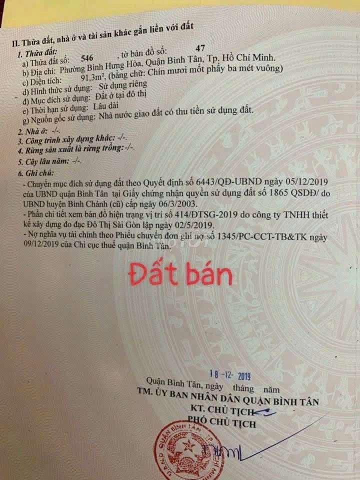 Bán đất Bình tân 91m2 giá chỉ 4,3 tỷ, SHr, hẻm 5m - Ảnh 3