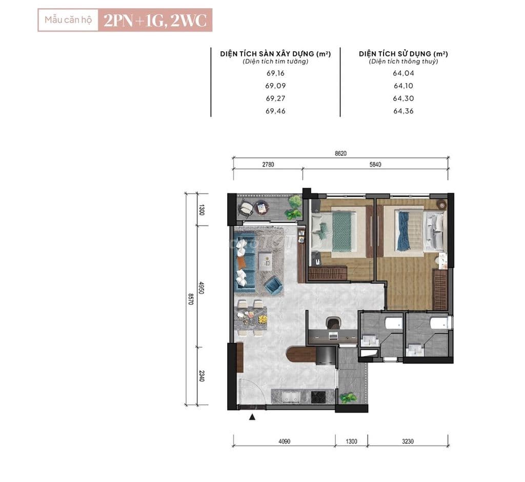 Bán căn hộ Privia, căn góc 2pn+1