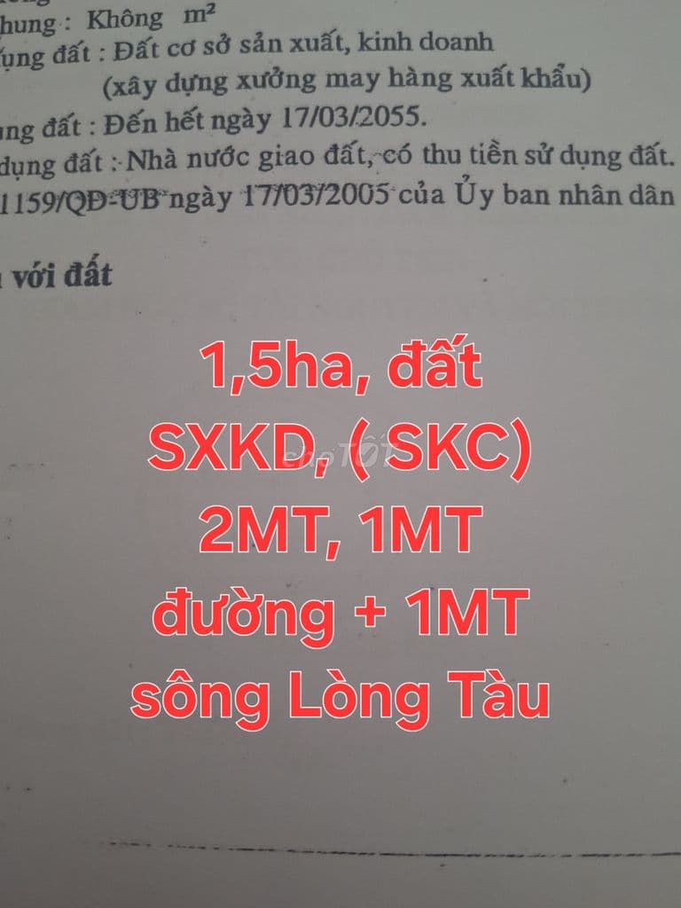 1,5ha (15.000) đất SXKD (SKC) 2MT Tam T Hiệp, 1MT sông, Bình Khánh, CG