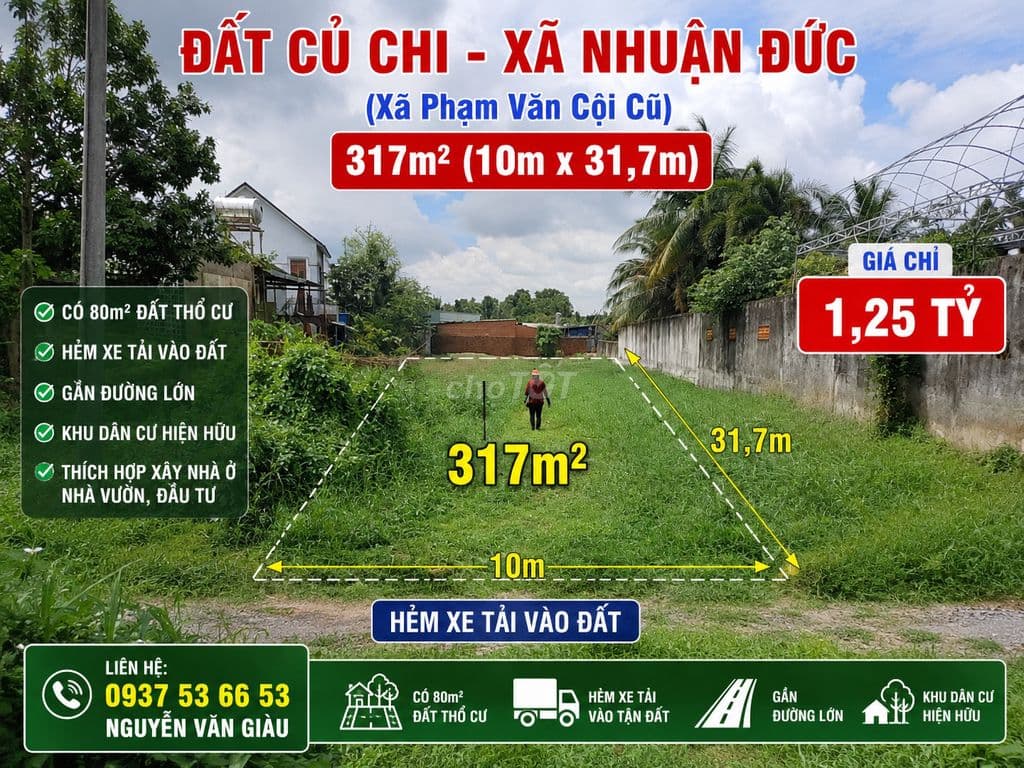 Bán đất Củ Chi 317m² ngang 10m có 80m² thổ cư giá 1,25 tỷ