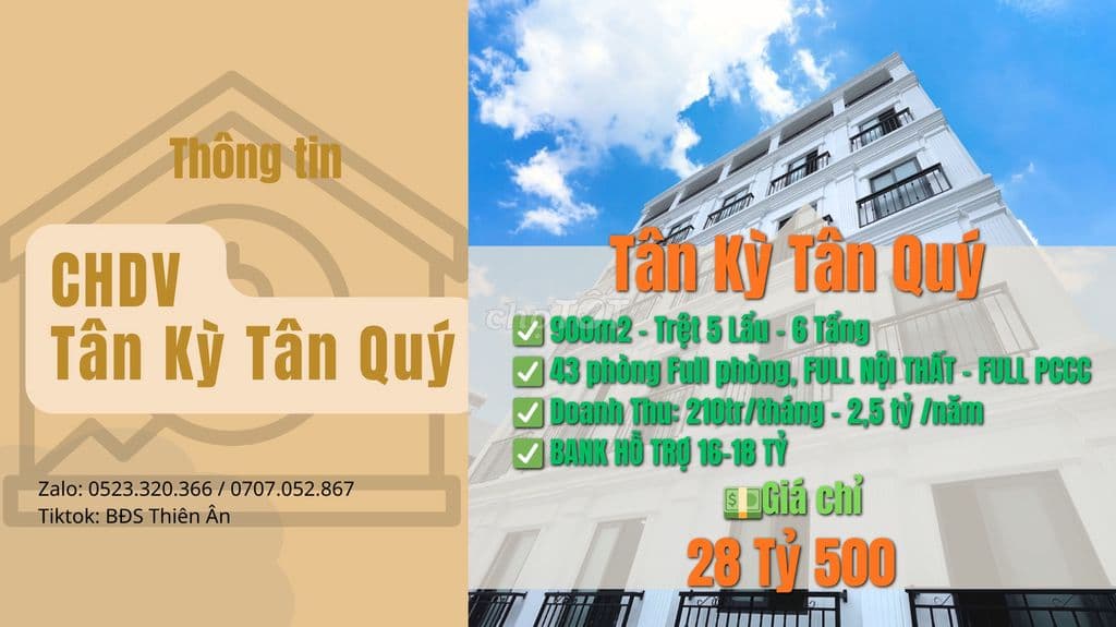CHDV Tân Kỳ Tân Quý, 43 phòng, 210tr/tháng, giá 28 tỷ 500 thương lượng