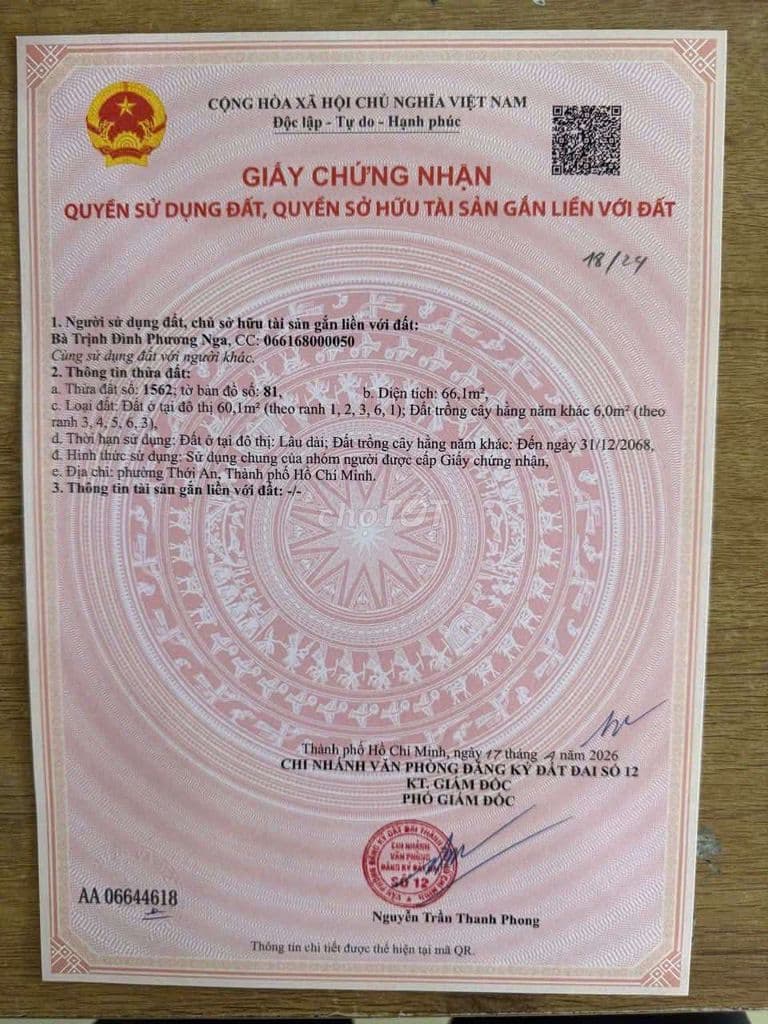 ĐẤT TX22, DT: 66m2, SỔ HỒNG. RIÊNG, CHỈ 3.85 tỷ